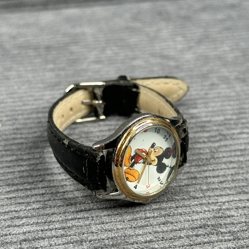 Vintage Disney Mickey Mouse Watch Two Tone Silver Gold Black Strap 25mm Case